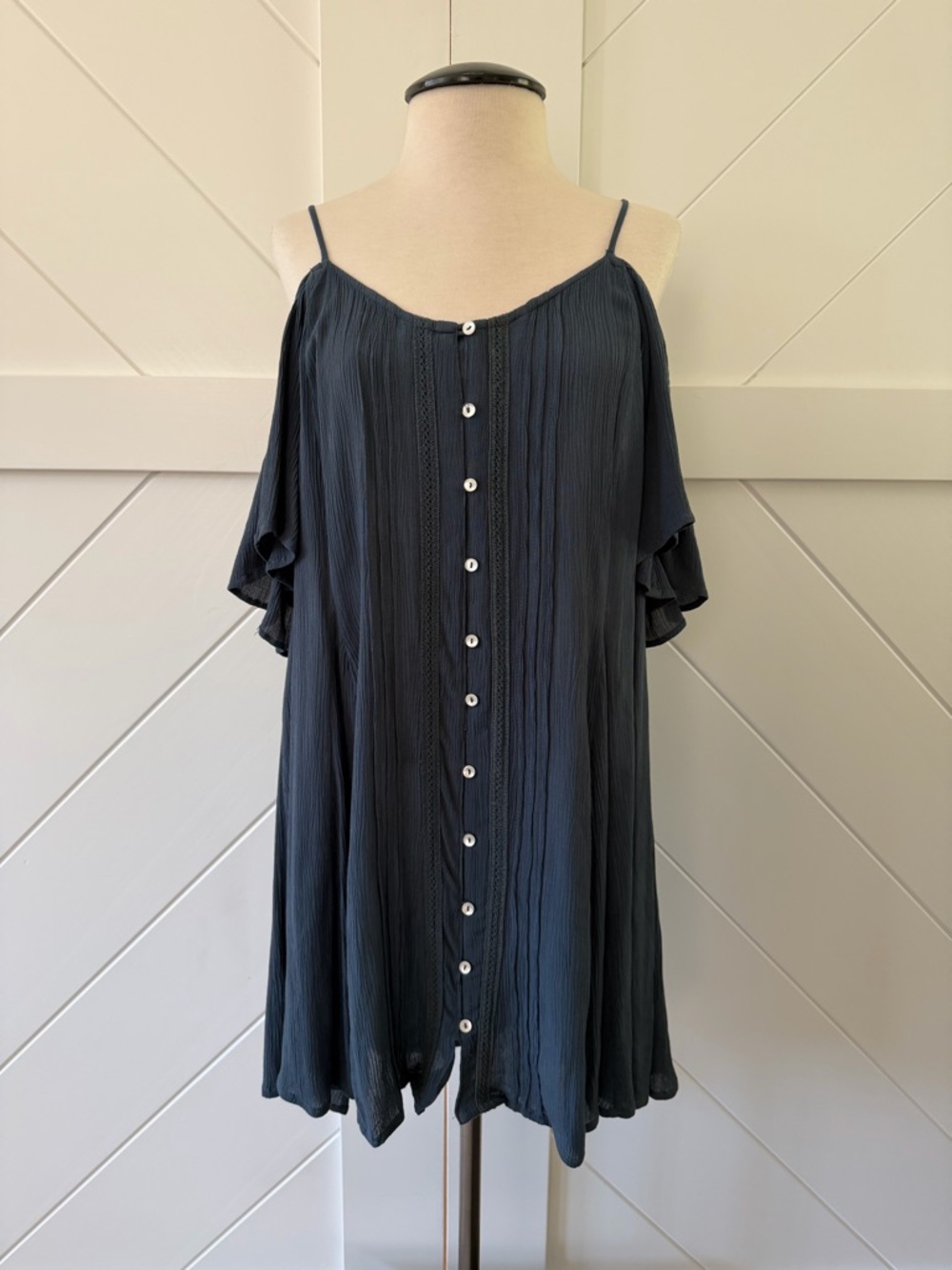 Patrons of Peace Navy Cold-Shoulder Button-Front Dress